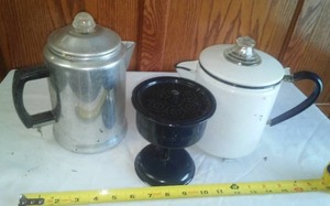 Enamelware Percolator Coffee Pot and Tin Coffee Pot.
