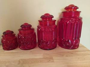 Set of Four Red Glass Canisters