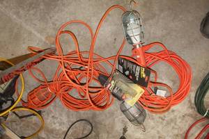 lot 812 image: Lot of (5) Shop Light Accessories  - Hanging Work Lights (x3), Carol Plug-It Lightnin Plug Power Center (x2 new)