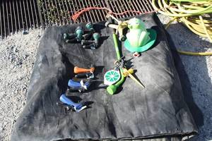 lot 790 image: Lot of (13) Yard Watering Accessories  - Hoses (x3), Sprayers (x6), Sprinklers (x2), Watering Wand (x1), Plant Ties
