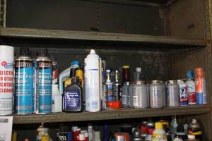 lot 878 image: Automotive Chemicals (on shelf)  with Brake Cleaner, 2-Cycle Oil, Permatex Anti-Sieze Lubricant, STP Treatment, Misc. Chemicals