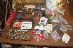lot 965 image: Lot of Hand Tools and Hardware (in bucket)  - Sockets, Slide Clamps, Key Rings, Grinding Discs, and more