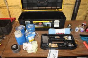 lot 967 image: Stanley Plastic Tool Box with Tool Caddy 28L  with Painters Tape, Cloths, 83lb. Scale, Dust Pans, Misc Tools