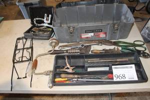 lot 968 image: Craftsman Plastic Tool Box 23L  with Snips, Hand Drill, Wrenches, Misc. Tools