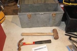 lot 981 image: Plastic Tool Box 20Lx9Wx11H  with Mallet, Hammer, Combination Wrenches