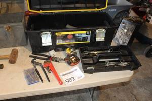 lot 982 image: Stanley Tool Box 28L  with Pipe Wrench, Slide Pliers, Combination Wrenches, Tape Measures, Misc. Hand Tools