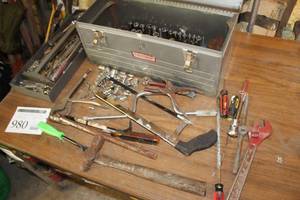 lot 980 image: Craftsman Metal Tool Box 20Lx9Wx10H  with Hammer, Hack Saw, Crescent Wrench, Sockets, Locking Pliers, Misc. Hand Tools