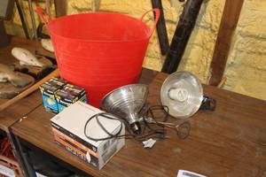 lot 999 image: Lot of Lighting (in plastic bucket)  - Clamp Lamps, Philips Decorative Candelabra Bulbs 24-pack, Recessed Flood Lamps 65W Indoor