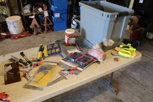 lot 971 image: Hand Tools (many new)  with Dual Spring Clamp, Hack Saw, Impact Accessory Kit, Scrapers, Pry Bar, Hammer, Fiber Reel 100, Misc. Tools