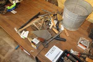 lot 1001 image: Hand Tools (in bucket)  with Specialty Hammer, Scrapers, Pliers, Misc. Hand Tools