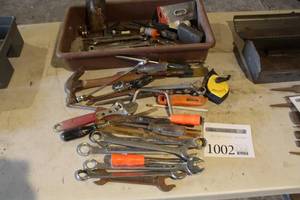 lot 1002 image: Hand Tools (in bin)  with Combination Wrenches, Screwdrivers, Crescent Wrench, Tape Measure, Misc. Hand Tools
