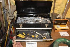 lot 1027 image: Stanley Metal Tool Box 20Lx9Wx 10-12H  with Sockets, Wrenches, Misc. Hand Tools