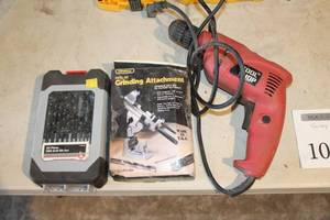 lot 1047 image: Tool Shop Drill JIZ-AJ2-10  38-Drive  with Drill Bit Set, Drill Bit Grinding Attachment