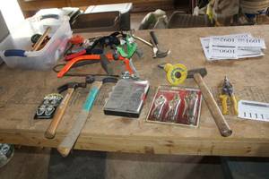 lot 1111 image: Lot of Hand Tools (in bin)  with Hammers, Locking Plier Set, Bits, Misc. Hand Tools