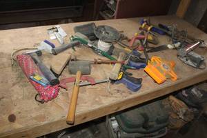 lot 1138 image: Lot of Hand Tools  with Mallet, Stubby Sledgehammer, Tape Measure, Misc. Tools, Rope, Misc. Hardware