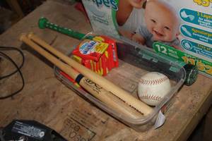 lot 1172 image: Lot of (15) Topps 1988 Baseball Collectors Cards 15-Card with Gum Packs (unopened)  with Collectible Bats (x3) and Ball (x1)