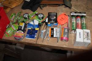 lot 1194 image: Lot of Hand Tools (in bin)  with Pipe Cutter, Drill Bits, Gauges, Anchors, Grease, Blades