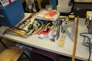 lot 1860 image: Hand Tools (in tote)  with Hammers, Levels, Square, Drop Cloth, Misc. Tools