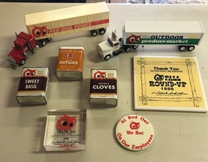 lot 1913 image: Lot of (Approximately 8) Red Owl Foods Commemorative Items  - Semi Tractor Trailer Trucks (x2), Spices (x3), Button (x1), Appreciation Awards (x2)