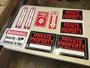lot 1937 image: Lot of (9) Signs  - Private Property (x4), Fire Extinguisher (x4), Warning Security Camera (x1)