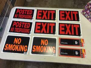 lot 1939 image: Lot of (10) Signs  - EXIT (x4), No Smoking (x2), Private (x2), Posted No Trespassing (x2)