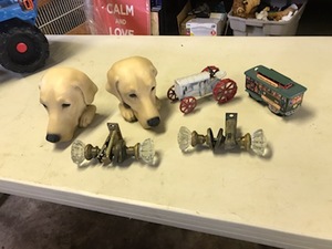 lot 1946 image: Lot of (6) Home Dcor  - GreyRed Fordson Metal Toy Tractor, Rolling Powell& Mason St. San Francisco Toy Metal Cable Car, Pair of Yellow Lab Bookends, 2 Pair of Vintage Door Knobs