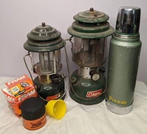 lot 621 image: Coleman Lanterns, Thermos, Oil Filter & Funnel