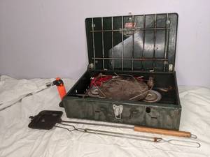 lot 622 image: Coleman Camp Grill, Campfire Pie Iron, Blowtorch, Camping Cook Pan, etc.