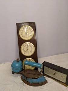 lot 634 image: (2) Vintage Barometers & Self-Heating Iron