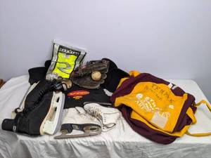 lot 632 image: Hockey & Ice Skates, Pads, Baseball Glove, etc.