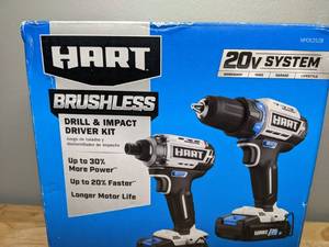 lot 10 image: New HART 20-Volt Cordless Brushless Drill and Impact Combo Kit with 10-inch Storage Bag 2.0Ah Lithium-Ion Batteries