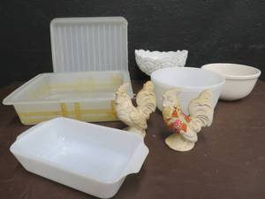 VINTAGE WHITE REFRIGERATOR CONTAINER, MILK GLASS, PYREX, AND MORE