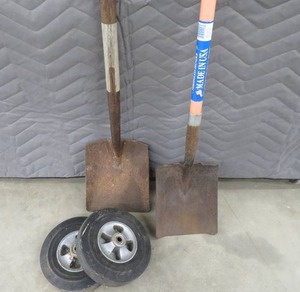 UTILITY WHEELS  FIBERGLASS HANDLED SHOVEL.