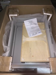 RION 30 IN. GRAY BATHROOM VANITY WITH WHITE COMPOSITE GRANITE VANITY TOP WITH CERAMIC OVAL SINK AND BACKSPLASH. SEE PICTURES