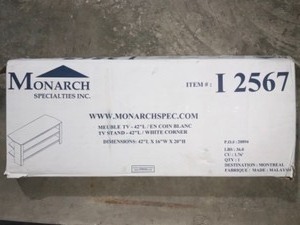 UNBRANDED 42 IN. WHITE PARTICLE BOARD CORNER TV STAND FITS TVS UP TO 42 IN. WITH OPEN STORAGE. SEE PICTURES