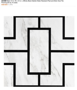 ACHIM RETRO 12 IN. W X 12 IN. L AFFINITY BLACK MARBLE & CHEVRON SILVER WATER RESISTANT PEEL AND STICK VINYL TILE FLOORING (20 SQ. FT.CASE). SEE PICTURES