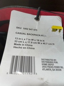 CASUAL BACKPACK-RED (13 IN. L X 7 IN. W X 18 IN. H). SEE PICTURES