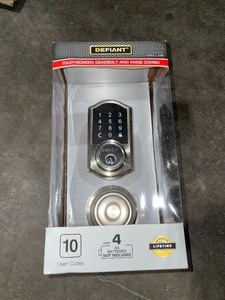 DEFIANT CASTLE SATIN NICKEL ELECTRONIC TOUCHPAD SINGLE CYLINDER DEADBOLT WITH HARTFORD PASSAGE KNOB COMBO PACK. SEE PICTURES