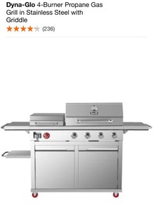 DYNA-GLO 4-BURNER PROPANE GAS GRILL IN STAINLESS STEEL WITH GRIDDLE. SEE PICTURES