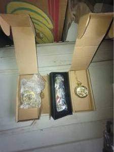 2 pocket watches and Eagle knife al...