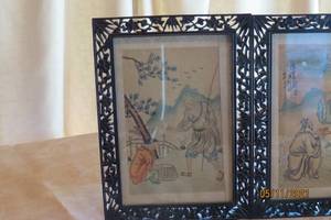 Antique set of three original watercolor images in hand carved frames