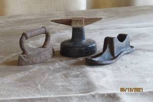 Antique Cast Iron Miniature Anvil, Shoe form, and Iron
