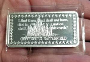 1 TROY OZ. .999 FINE SILVER BAR GETTYSBURG BATTLEFIELD IN PLASTIC