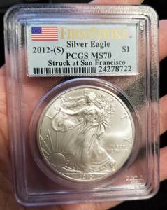 2012(S) AMERICAN SILVER EAGLE 1 TROY OZ. .999 FINE SILVER MS70 PCGS FIRSTSTRIKE