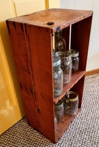 lot 147 image: Vintage Wood Crate Shelf and Jars