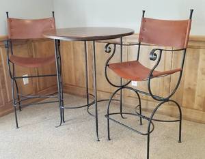 Tall Shaker Pub Table with 2 Chaps Leather Sling Bar Stools