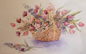 Framed print of pink tulips in a basket