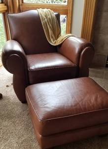 Thomasville Chocolate Brown Leather Arm Chair & Ottoman