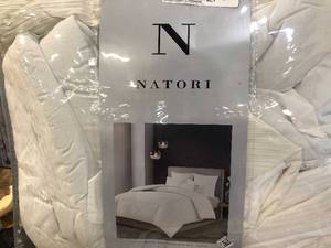 lot 58 image: N Natori FullQueen Hanae Cotton Blend Yarn Dyed 3pc Comforter Set - White, NEW