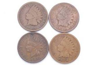 4 Indianhead Cents - 1889, 1890, 1891 & 1892